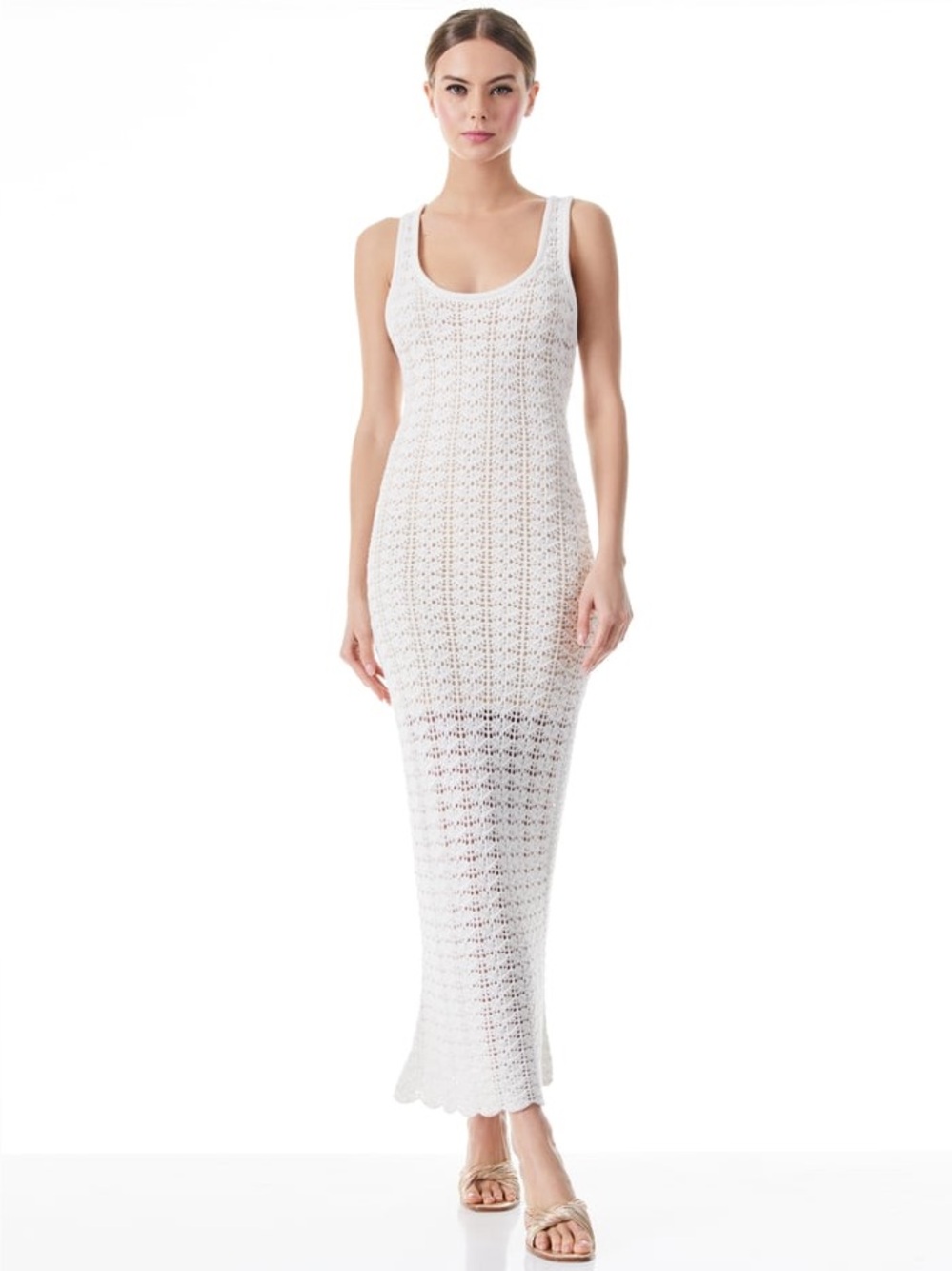Alice + Olivia Veronique Pointelle Scoop Neck Maxi Dress Cream Knit Medium